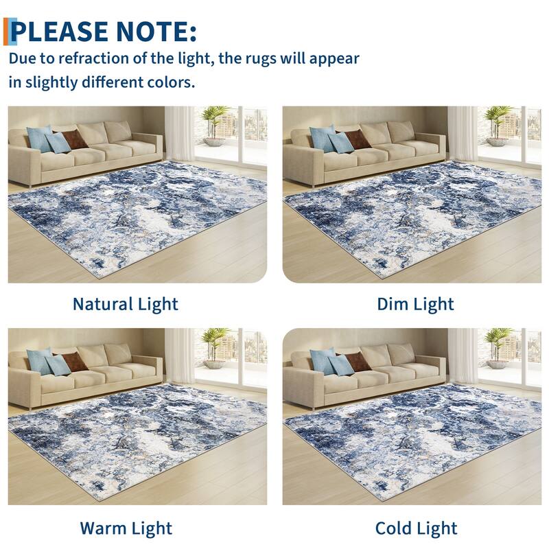 Machine Washable Area Rugs for Living Room, Modern Abstract Bedroom Rug, Low Pile Non-Slip Carpet