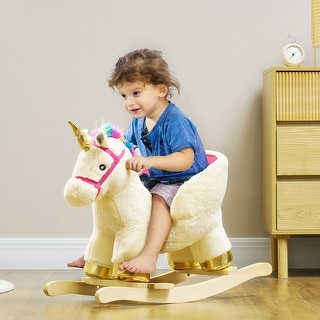 Qaba Kids Rocking Horse, Ride on Unicorn with Realistic Sounds, Safety Belt & Wooden Base for Toddlers 18-36 Months, White