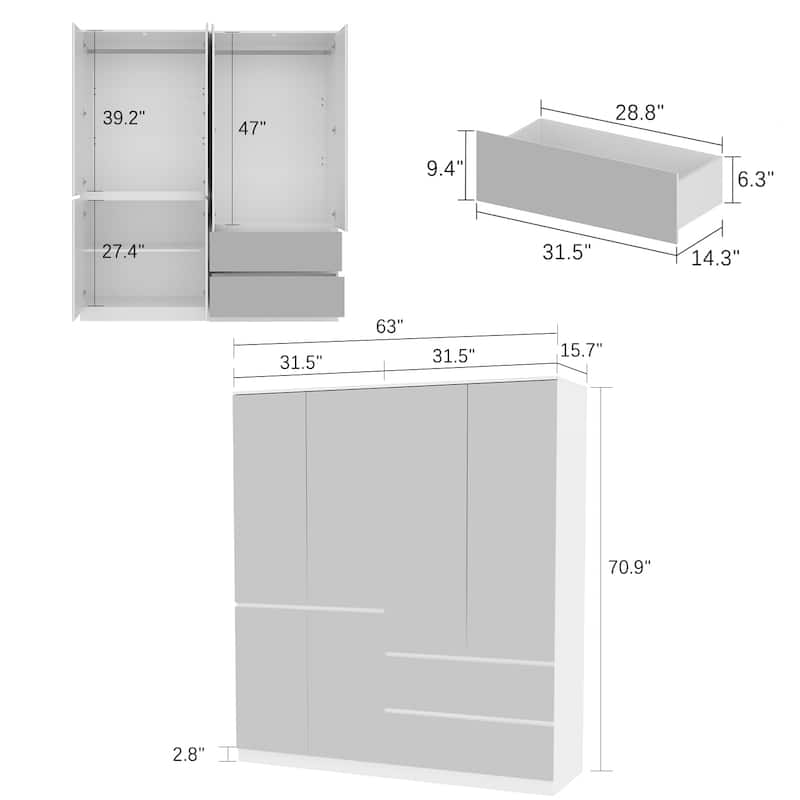 Combo Wardrobe Storage Cabinets Mirror Hanging Rod Bedroom ARMOIRES