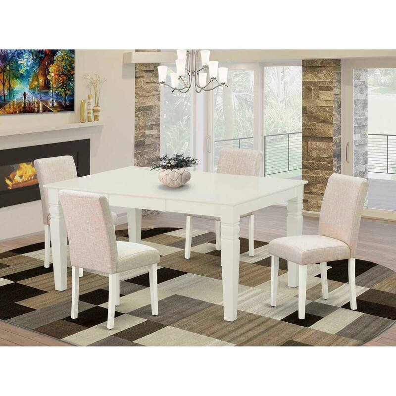 Rectangle Kitchen Dining Table Set - 5pc Table & 4 Chairs - Linen White Legs - Light Beige Fabric