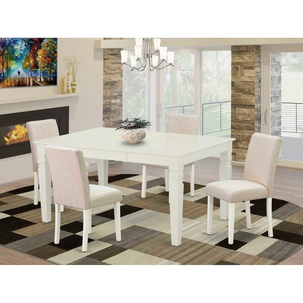 Rectangle Kitchen Dining Table Set - 5pc Table & 4 Chairs - Linen White Legs - Light Beige Fabric