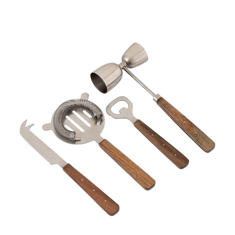 Set of 4 Stainless Steel & Wood Handle Bar Set