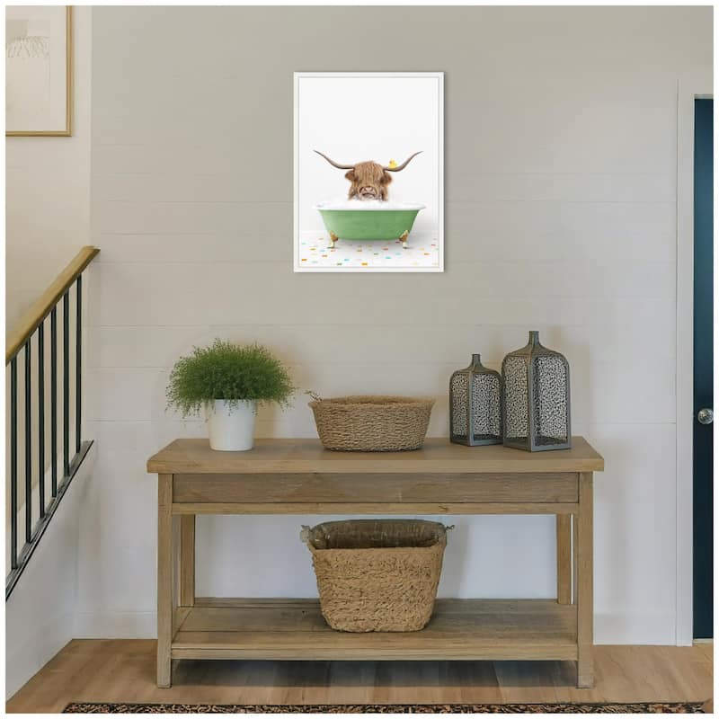 Kate and Laurel Sylvie Highland Cow in Green Bathtub on Colored Tile Framed Canvas by Amy Peterson