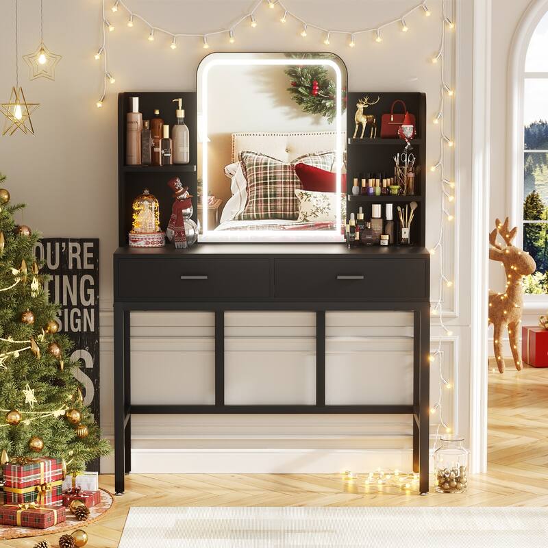 Modern Vanity Desk with LED Mirror, Makeup Table with Storage Drawers and Shelves - N/A - Black