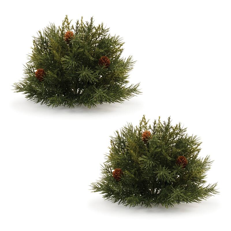 Pine Half Orb Artificial Christmas Bush with Pinecones - 7" - Set of 2