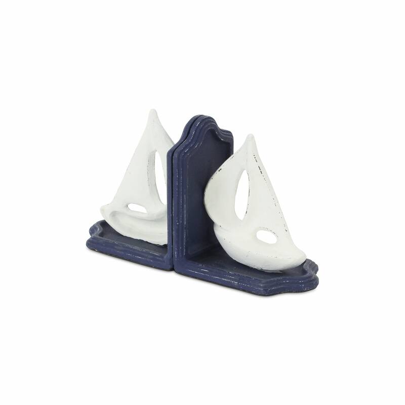 HomeRoots Set of Two 5" Blue And White Cast Iron Sailboat Decorative Bookends - 9.5 x 3.25 x 5.25
