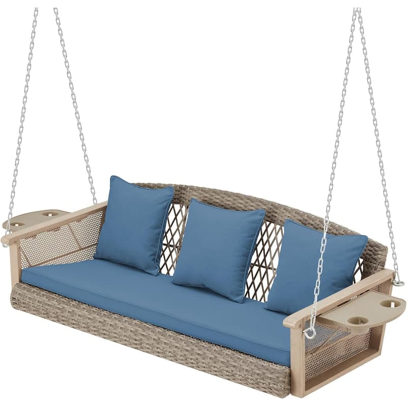 3-Seat Outdoor Porch Swing with Cushions, 900 LBS Capacity, Hanging Chains for Deck, Backyard, Lawn - Blue