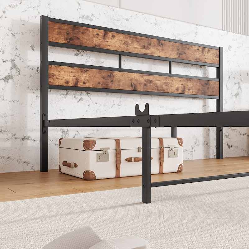 Platform Bed Frame with Rustic Vintage Wood Headboard