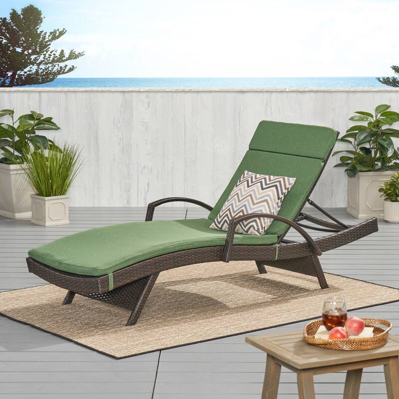 Toscana Outdoor Wicker Armed Cushioned Chaise Lounge by Christopher Knight Home - Brown/Dark Jungle Green Cushion