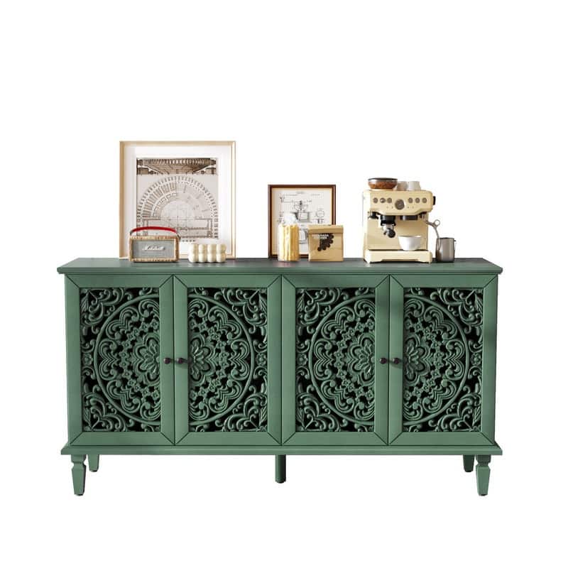 60" Antique Buffet Sideboard with Floral Carvings Solid Wood Legs and Adjustable Shelves for Versatile Storage