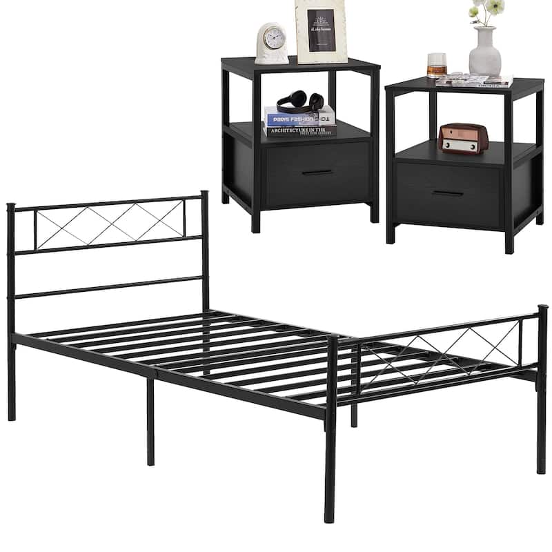 VECELO Industrial 3-Piece Bedroom Set Black Platform Bed Frame with Headboard and Modern Nightstand Set of 2