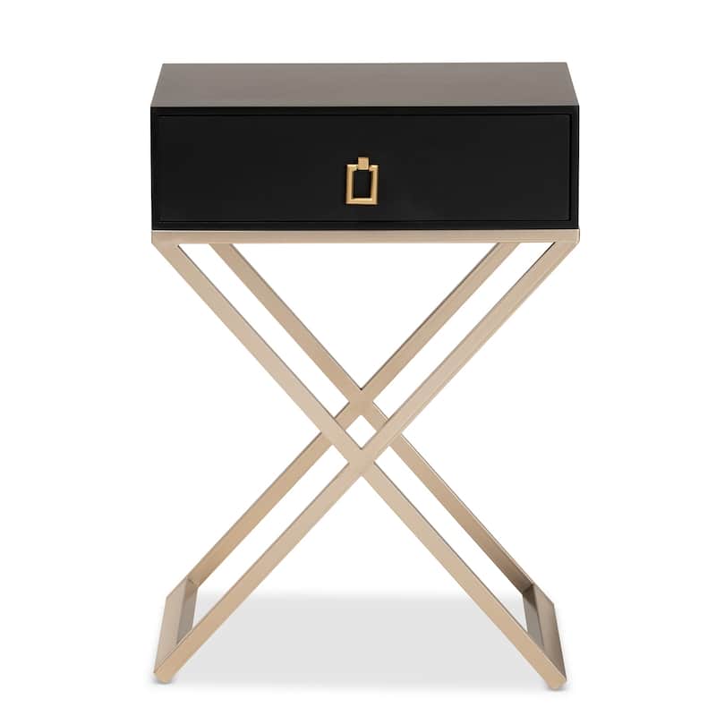 Modern Black Nightstand with Drawer - Wood & Metal Bedside Table, Contemporary Accent Furniture