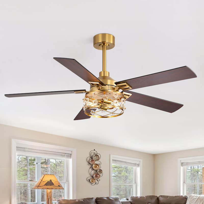 52"/65" Industrial Reversible Wood 5/8-Blade Cage Ceiling Fan with Light Kit and Remote