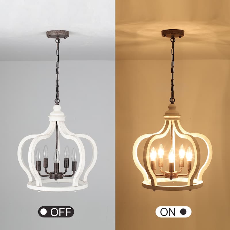 5-Light Rustic Crown Wood Ceiling Light Farmhouse Shabby Chic Chandelier, Bohemian Chandelier for Living Room Dining Foyer
