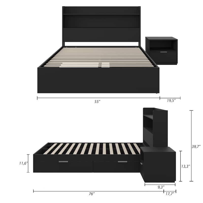 Hunter Platform Bed With Headboard And 1-Drawer Nightstand