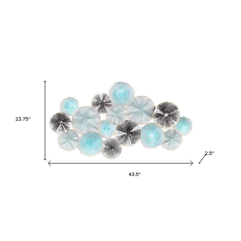 HomeRoots 24" X 44" Aqua Charcoal And Silver Abstract Metal Round Discs Hanging Dimensional Sculpture