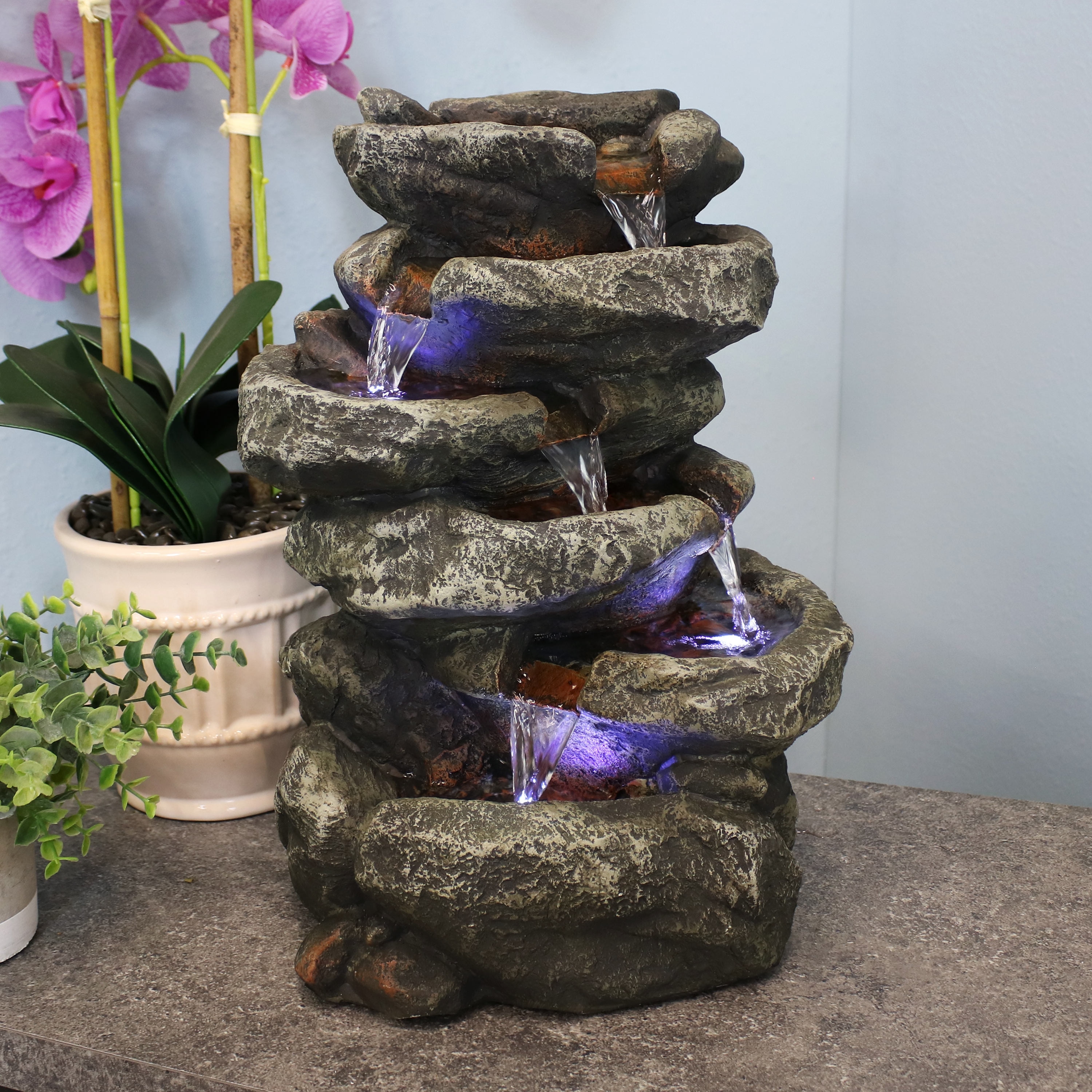 6 Tier Stone Falls Tabletop Indoor Water Fountain Feature w/ LED - 15"