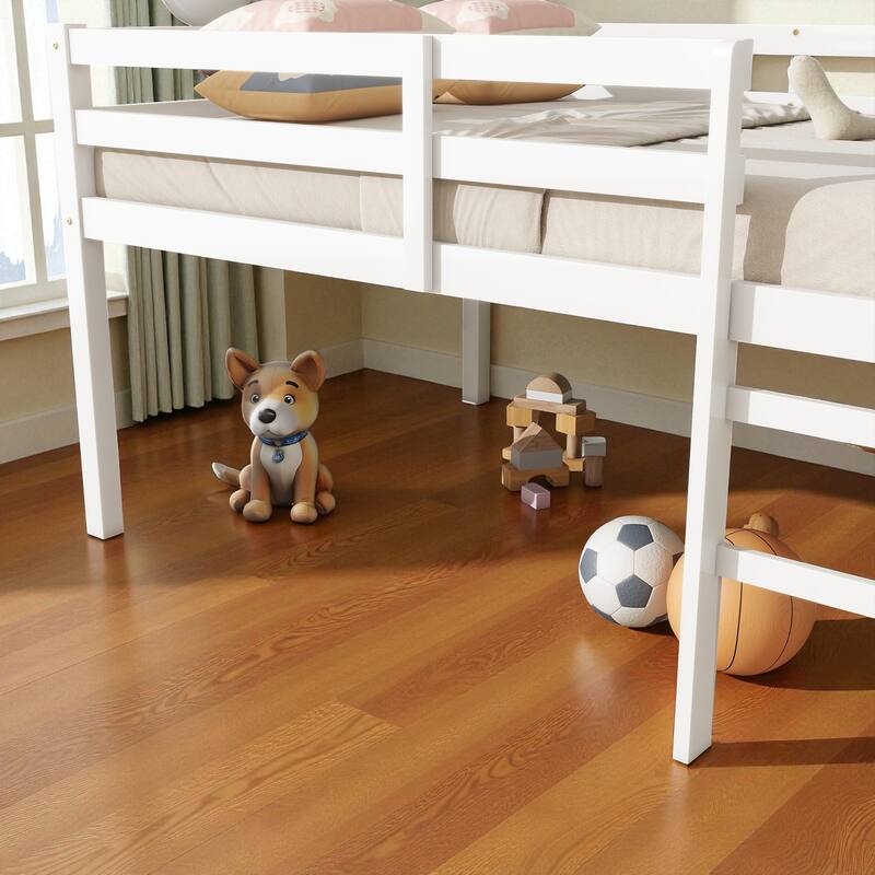 Full Size Loft Bed with Ladder, Solid Rubber Wood Frame Low Height Design with Guard Rails and Under-Bed Storage Space