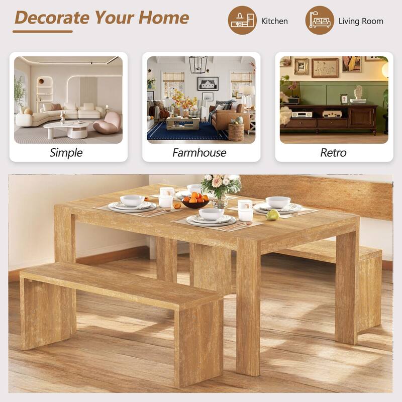 3-Piece Farmhouse Dining Table Set with 2 Benches, Space-Saving Wood Kitchen Table for Dining Room or Kitchen