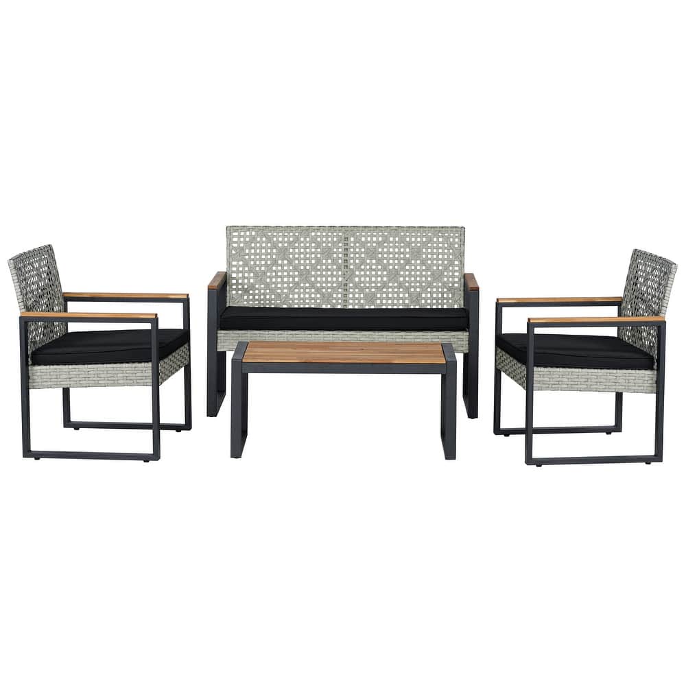 Thom 4-Piece Modern Coastal Faux Wicker Conversation Outdoor Patio Set, by JONATHAN Y