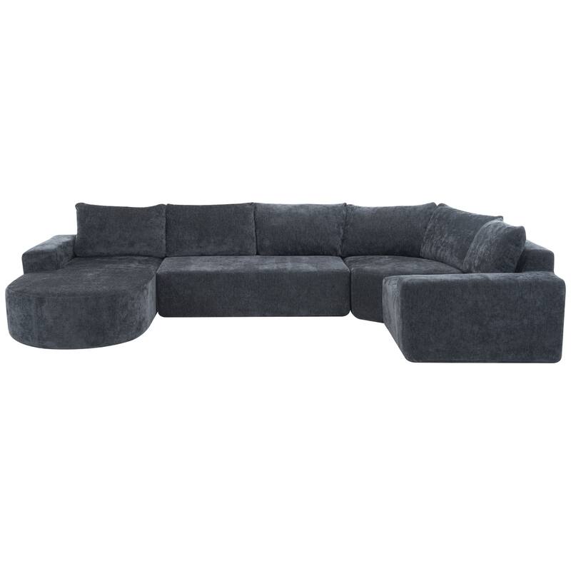 Chenille U-shaped Sofa, Cloud Sectional Sofa Set Upholstered Deep Seat Couches with 6 Pillow Recliner Sofa for Living Room