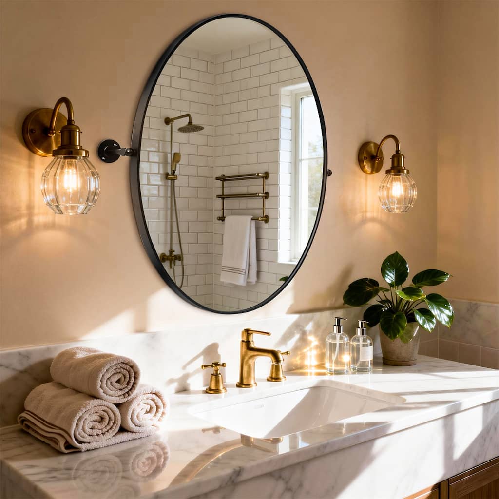 Metal Framed Pivoting Bathroom Vanity Mirror Adjustable Tilting Oval Wall Mirror Horizontal or Vertical - 19.68” x 27.56”