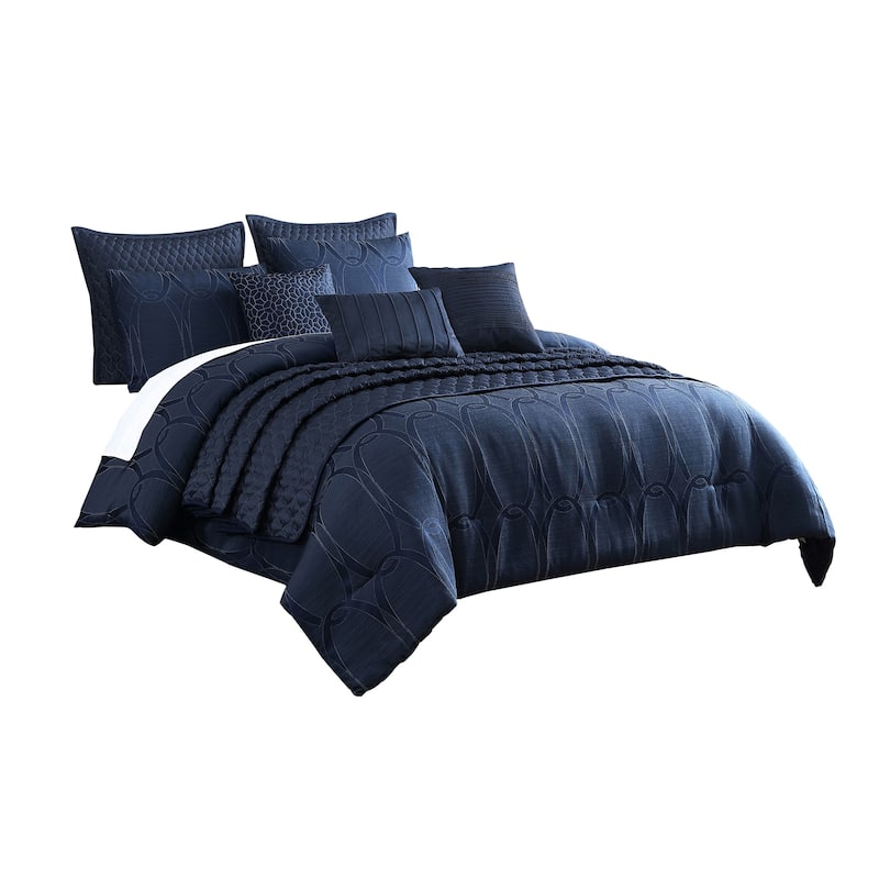 10 Piece King Polyester Comforter Set with Geometric Oblong Print, Dark Blue
