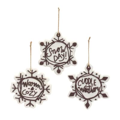 12ct White & Brown Snowflake Sentiments Christmas Ornaments 5"