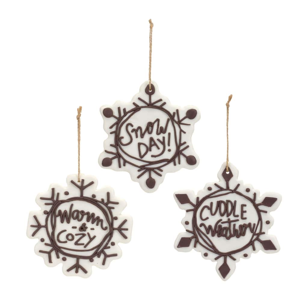 12ct White & Brown Snowflake Sentiments Christmas Ornaments 5"