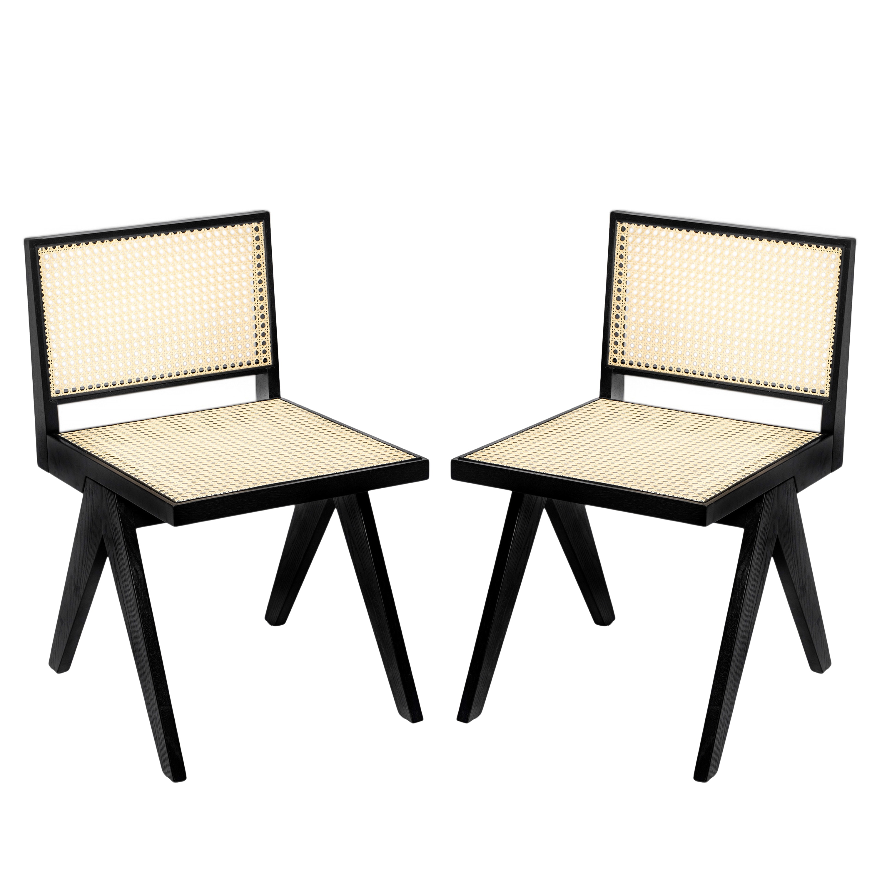 Roomfitters Chandigarh Solid Wood Dining Side Chair with Rattan Cane Back, Black Set of 2
