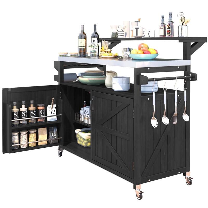 Outdoor Kitchen Island, Solid Wood Storage Cabinet with Stainless Steel Top and Lockable Wheels