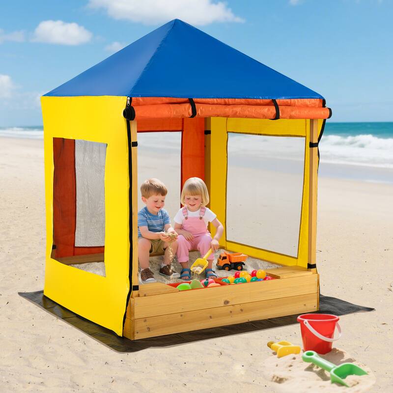 Multicolor PE Wood Kids Sandbox with Canopy, Storage Benches and Ventilated Design - 43.5" x 43.5" x 61" (L x W x H)