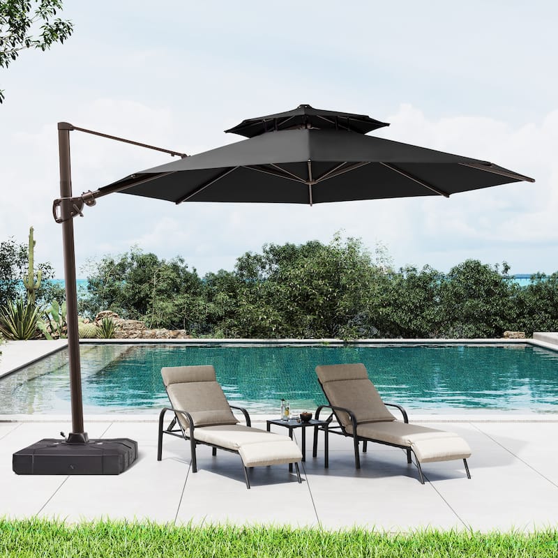 11 ft Outdoor Aluminum Dual Top Solar Powered LED Lighted Patio Cantilever Umbrella and Weighted Base