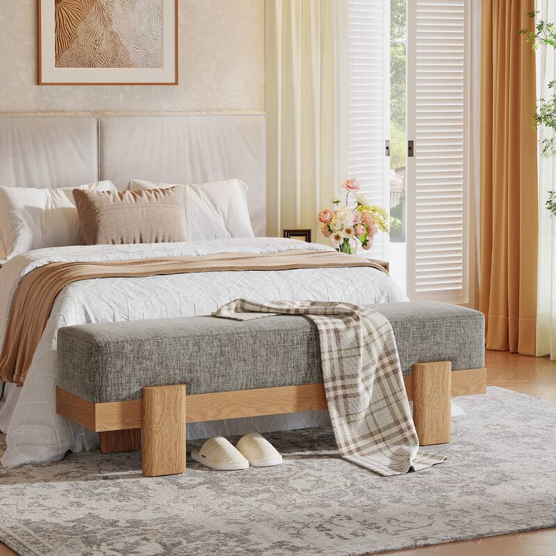 Upholstered Entryway Bench, Modern Shoe Bench, End of Bed Stool Accent Seat for Bedroom, Entrance, Living Room - Grey+Brown