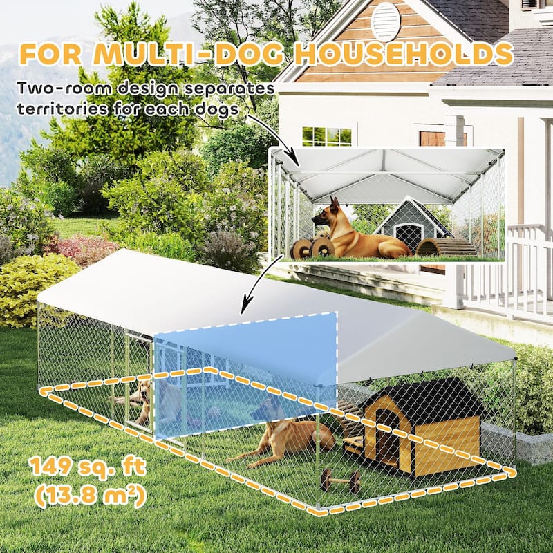 Large Outdoor Dog Kennel with Two-Room Design and Galvanized Steel Frame Waterproof Canopy