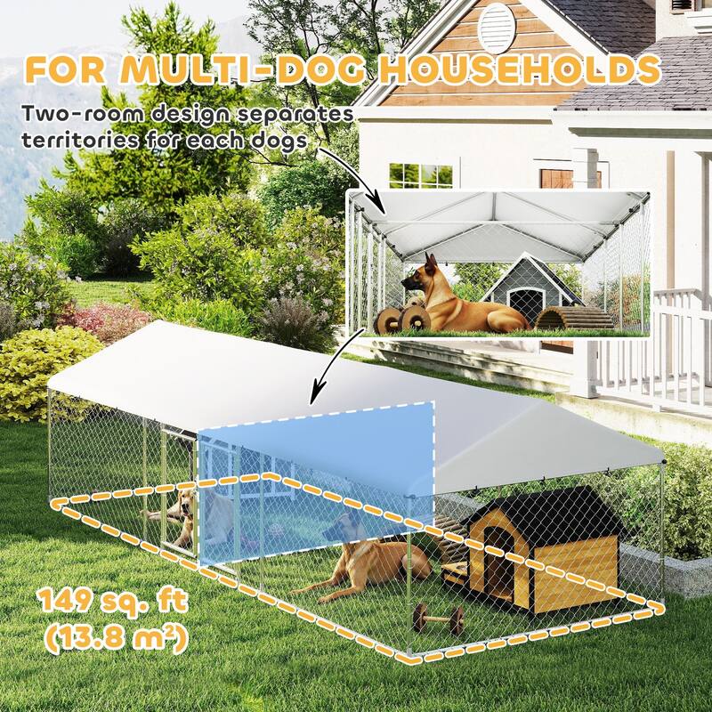 PawHut Outdoor Dog Kennel, Heavy Duty Dog Run with Adjustable & Rotatable Bowl Rack, Waterproof UV-Resistant Cover
