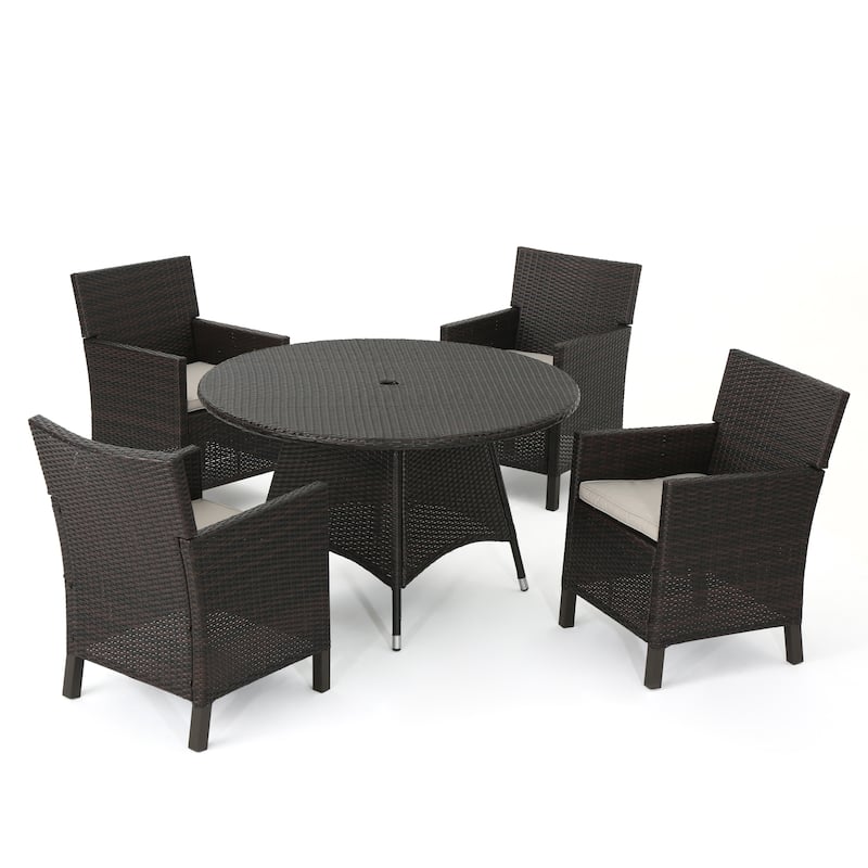 Cypress Outdoor 5-piece Round Wicker Dining Set with Cushions & Umbrella Hole by Christopher Knight Home - Brown
