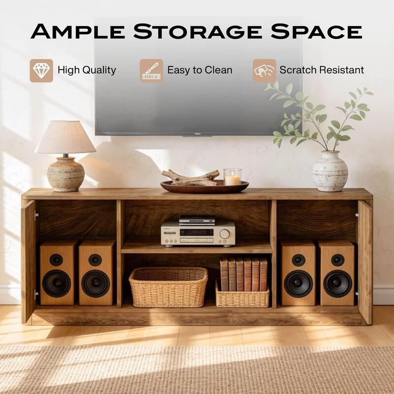 63 TV Stand for TVs Up to 65, Fluted Media Console with Open Storage & Side Cabinets, Wood Floor Standing TV Console Table