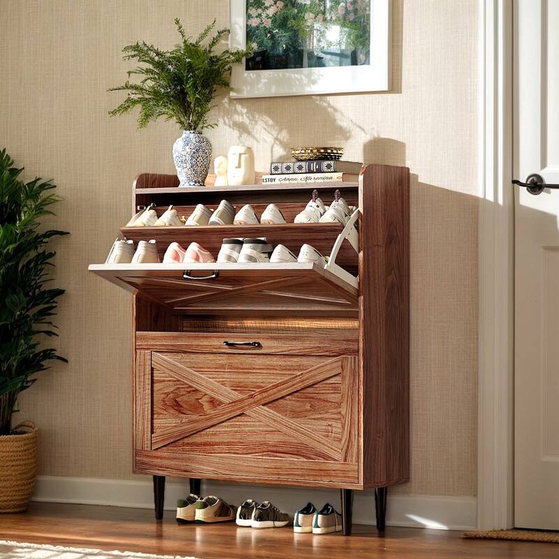 2 Flip 1 Barrier Barn Door Shoe Cabinet Melamine Embossed 31.6in - Walnut