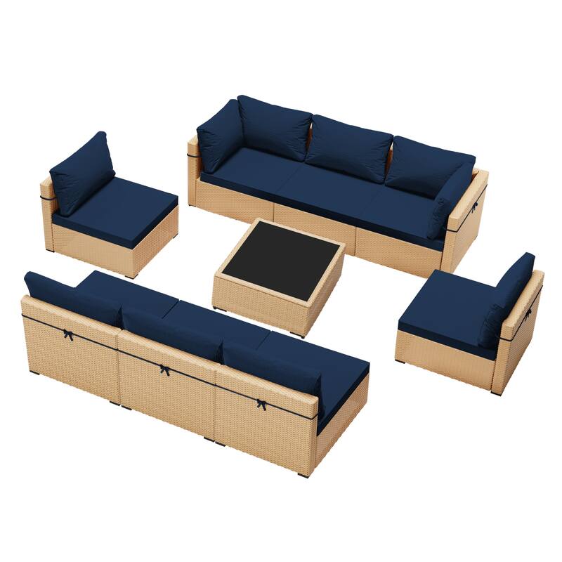 Patio Watcher Patio Conversation Set 9-Piece Yellow Wicker Sectional Seating Group with Cusions