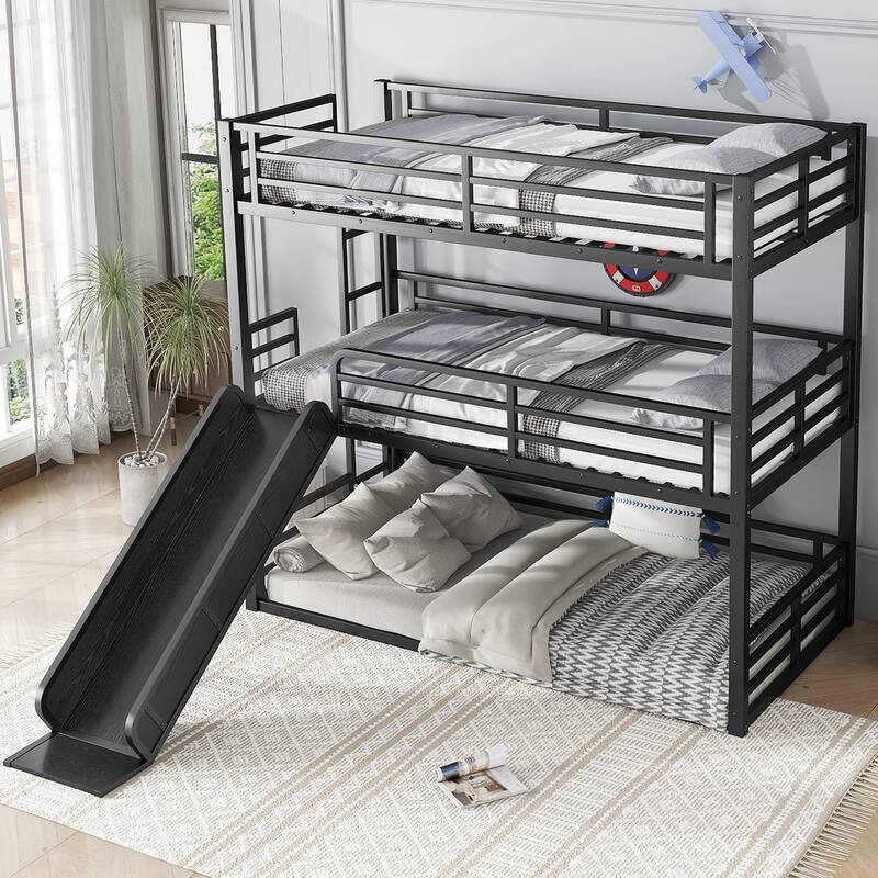 Twin/Twin/Full Triple Bunk Bed with Slide - Metal Frame, Safety Guardrails, Noise-Reduced (Black)