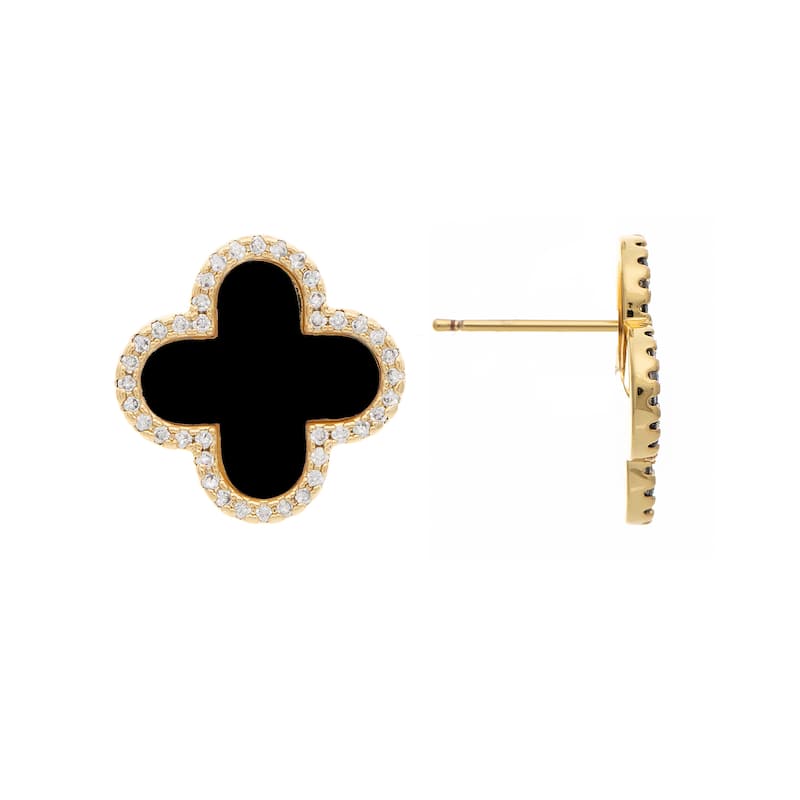 Mother of Pearl and Cubic Zirconia Clover Stud Earrings - .75" - Black - Yellow