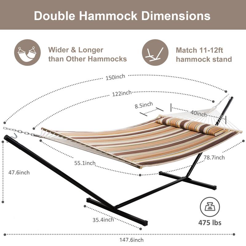 Outdoor Portable Double Hammock with Stand&Pillow Max 475 lbs Capacity