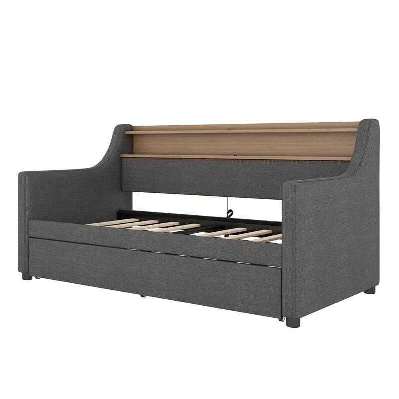 Twin Size Upholstered Daybed with Trundle, Charging Station, LED Lights, and Storage Headboard, Gray