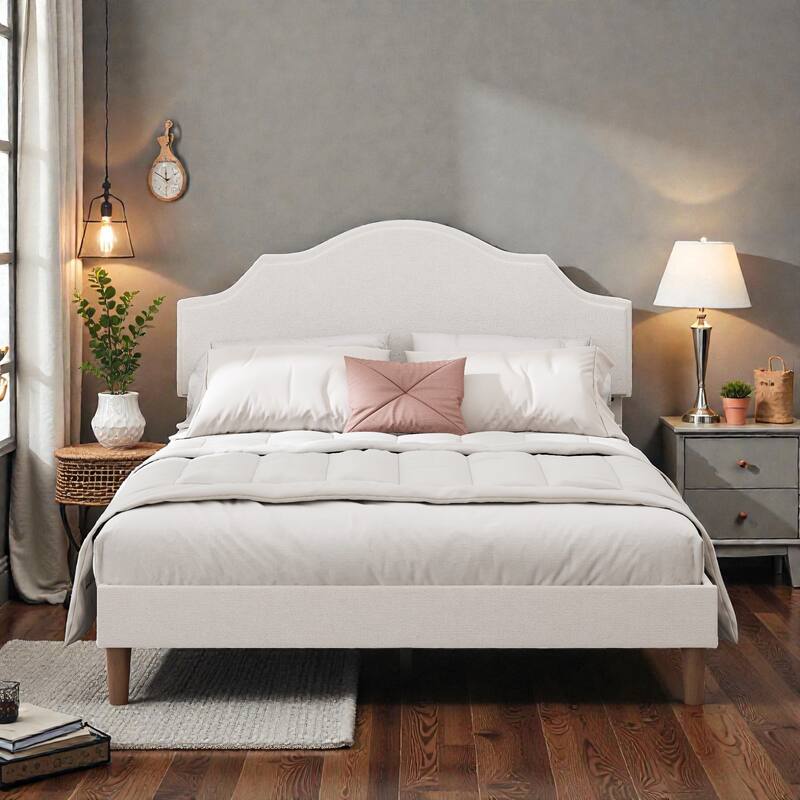 Upholstered Platform Bed Frame with Adjustable Headboard, Linen Fabric Padded, No Box Spring Needed