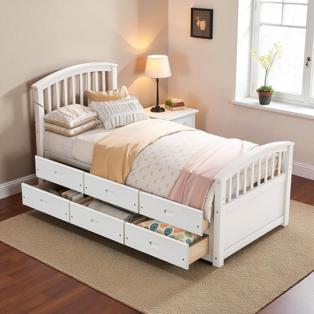Twin Size Solid Wood Platform Bed with 6 Storage Drawers, Pine Wood Frame with Slats, No Box Spring Needed