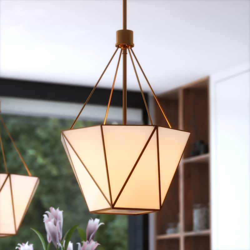 Burnett 3-Light Brass Mid-Century Modern Pendant, White Glass Shade, Adj Height Ceiling Chandelier Dining Room Fixture - Muted Brass - 15.75-in W x 21.75-in H x 15.75-in D