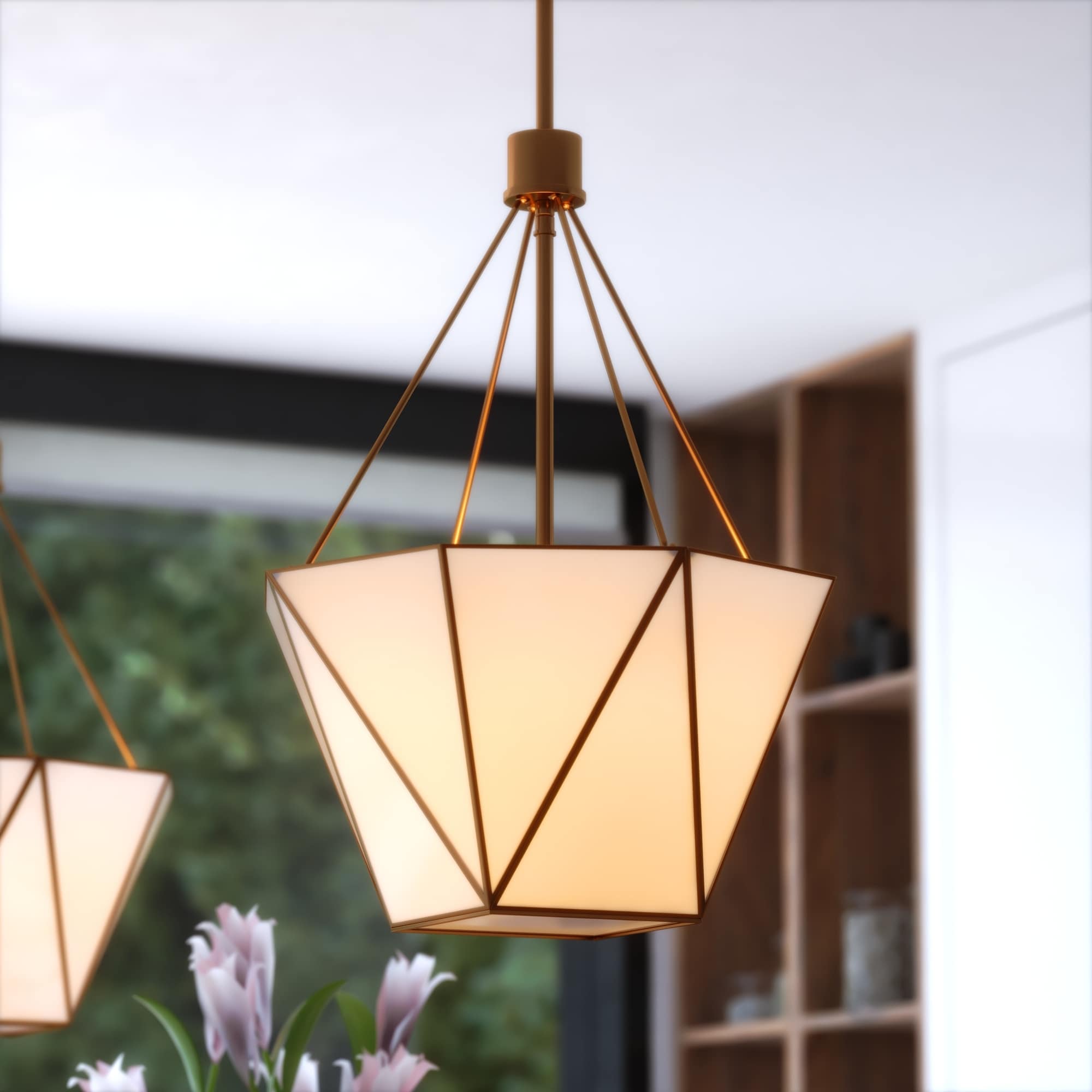 VAXCEL Burnett 3-Light Brass Mid-Century Modern Pendant, White Glass Shade, Adj Height Ceiling Chandelier Dining Room Fixture
