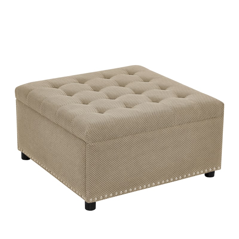 Square Tufted Upholstered Storage Ottoman with Nailhead Trim