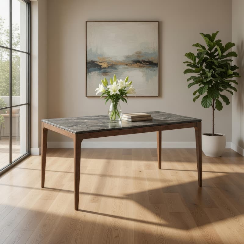 Evis 63 Inch Dining Table, Marble Grain Faux Stone Top, Walnut Brown Wood